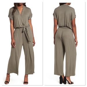 Bobeau Knit Surplice Jumpsuit in Olive (F5)